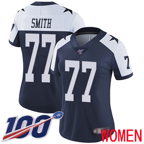 Women Dallas Cowboys Limited Navy Blue Tyron Smith Alternate 77 100th Season Vapor Untouchable Throwback NFL Jersey